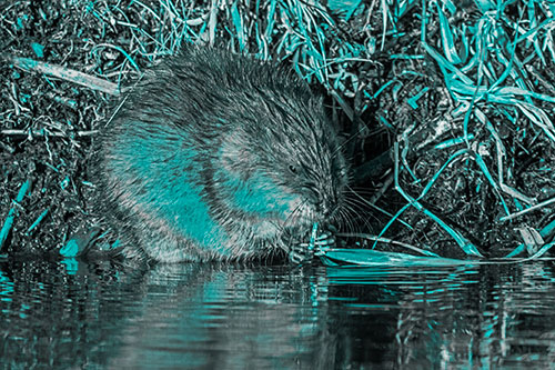 Hungry Muskrat Chews Water Reed Grass Along River Shore (Cyan Tone Photo)