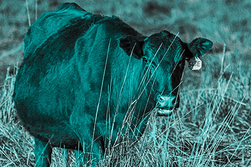 Hungry Open Mouthed Cow Enjoying Hay (Cyan Tone)
