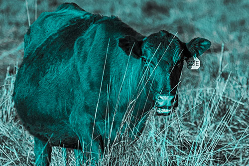 Hungry Open Mouthed Cow Enjoying Hay (Cyan Tone Photo)