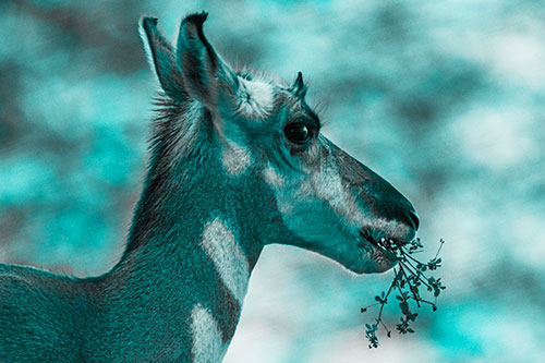 Hungry Pronghorn Gobbles Leafy Plant (Cyan Tone Photo)