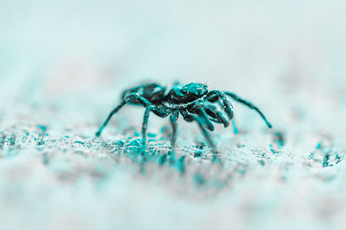 Jumping Spider Crawling Along Flat Terrain (Cyan Tone Photo)