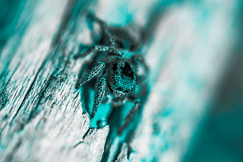 Jumping Spider Perched Among Wood Crevice (Cyan Tone)
