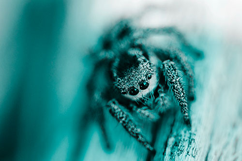 Jumping Spider Resting Atop Wood Stick (Cyan Tone Photo)