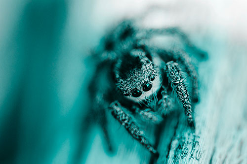 Jumping Spider Resting Atop Wood Stick (Cyan Tone)