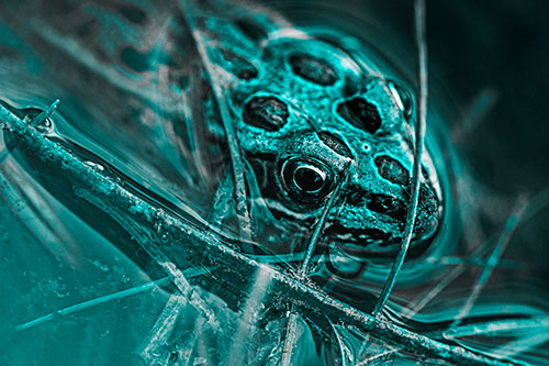 Leopard Frog Keeping Eye Out Above Water (Cyan Tone)