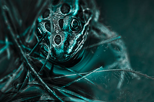 Leopard Frog Stares Among Shoreline Water (Cyan Tone)