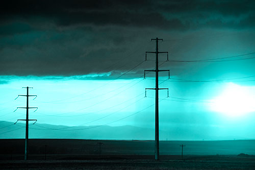 Mountain Rainstorm Sunset Beyond Powerlines (Cyan Tone Photo)