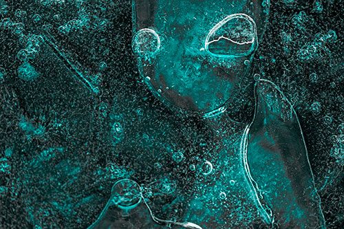 Mouthless Alien Ice Figure Forms Among Frozen River Water (Cyan Tone Photo)
