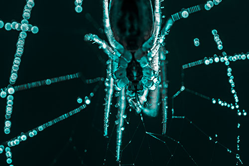 Orb Weaver Spider Dangling Downwards Among Web (Cyan Tone Photo)
