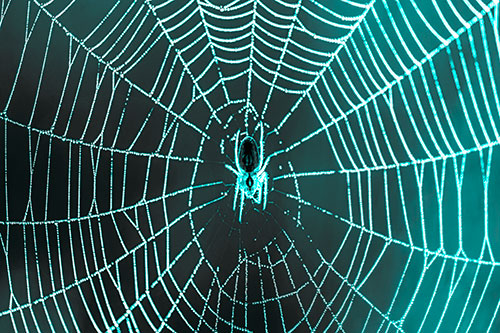 Orb Weaver Spider Rests Among Web Center (Cyan Tone Photo)