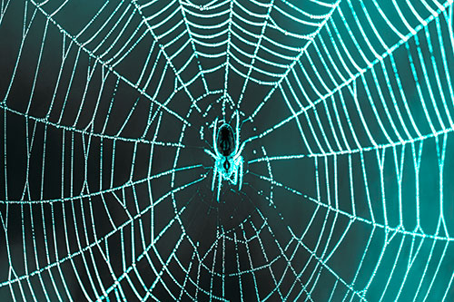 Orb Weaver Spider Rests Among Web Center (Cyan Tone)