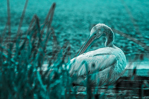 Pelican Grooming Beyond Water Reed Grass (Cyan Tone Photo)
