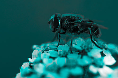 Pollen Covered Hoverfly Standing Atop Flower Petals (Cyan Tone Photo)