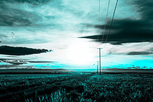 Powerline Prairie To Peak Sunset (Cyan Tone Photo)