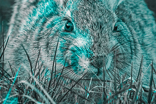 Resting Bunny Rabbit Watches Closely Among Grass Blades (Cyan Tone)