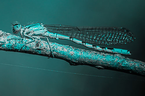 Resting Damselfly Spread Across Branch (Cyan Tone)