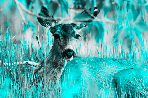 Resting White Tailed Deer Watches Surroundings (Cyan Tone Photo)