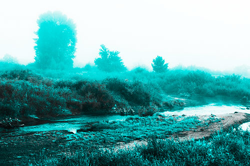 River Flowing Along Foggy Vegetation (Cyan Tone Photo)