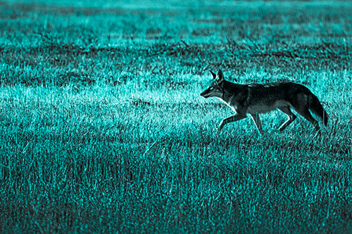 Running Coyote Hunting Among Grass Prairie (Cyan Tone Photo)