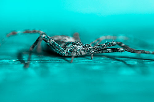 Running Crab Spider Resting Among Bench (Cyan Tone)