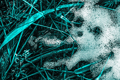 Sad Mouth Melting Ice Face Creature Among Soggy Grass (Cyan Tone Photo)