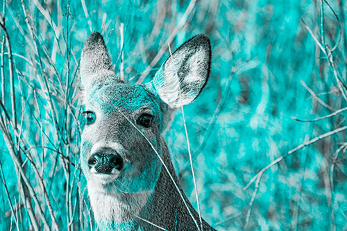 Scared White Tailed Deer Among Branches (Cyan Tone)