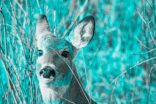 Scared White Tailed Deer Among Branches (Cyan Tone Photo)
