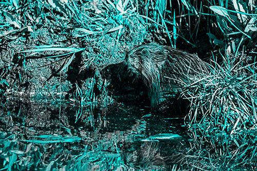 Shy Muskrat Sits Among Shallow Stream (Cyan Tone)