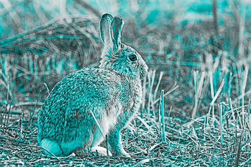 Sitting Bunny Rabbit Among Broken Plant Stems (Cyan Tone Photo)