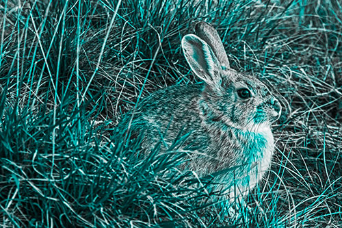 Sitting Bunny Rabbit Enjoying Sunrise Among Grass (Cyan Tone Photo)