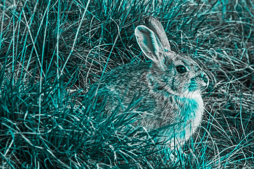 Sitting Bunny Rabbit Enjoying Sunrise Among Grass (Cyan Tone)