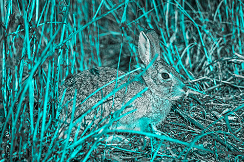 Sitting Bunny Rabbit Enjoying Sunshine Among Sticks (Cyan Tone)