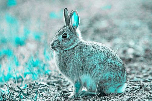 Sitting Bunny Rabbit Perched Beside Grass Blade (Cyan Tone Photo)