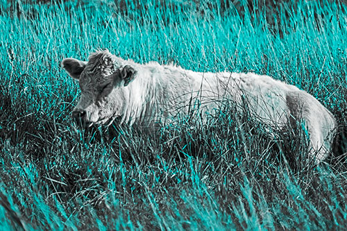 Sleeping Cow Resting Among Grass (Cyan Tone)