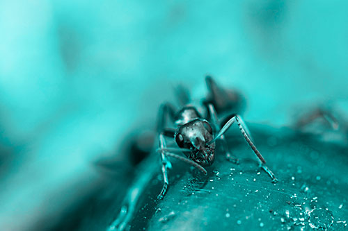 Snarling Carpenter Ant Guarding Sugary Treat (Cyan Tone Photo)