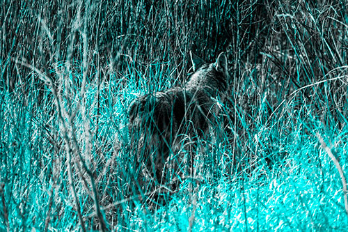 Sneaking Coyote Hunting Through Trees (Cyan Tone Photo)