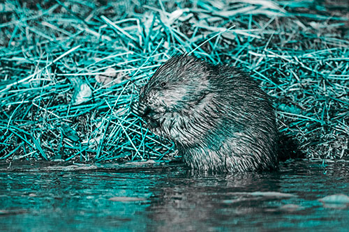 Soaked Muskrat Nibbles Grass Along River Shore (Cyan Tone Photo)