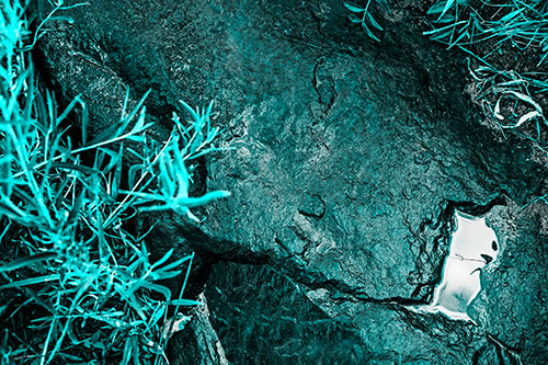 Soaked Puddle Mouthed Rock Face Among Plants (Cyan Tone Photo)