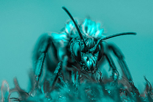 Soaking Wet Honey Bee Standing Atop Blanket Flower (Cyan Tone)