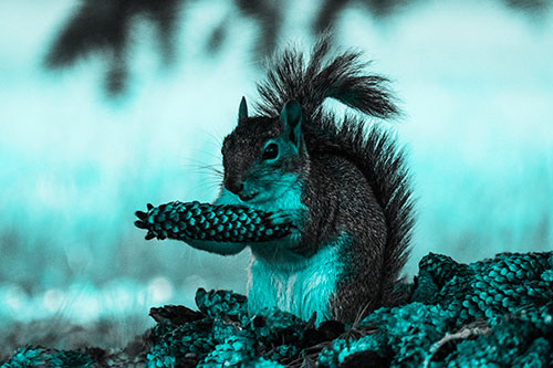 Squirrel Eating Pine Cones (Cyan Tone Photo)