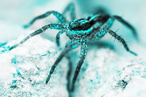 Standing Wolf Spider Guarding Rock Top (Cyan Tone Photo)