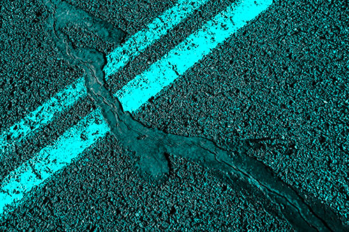 Tar Creeping Over Sidewalk Pavement Lane Marks (Cyan Tone Photo)