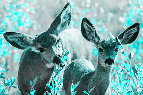 Two Mule Deer Enjoying Leafy Breakfast (Cyan Tone)