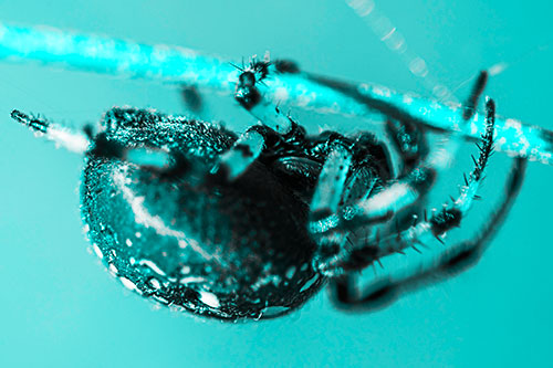 Upside Down Furrow Orb Weaver Spider Crawling Along Stem (Cyan Tone)