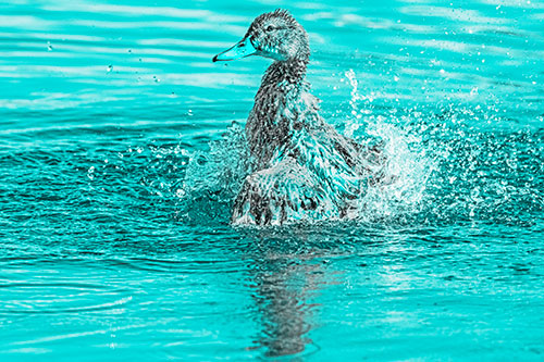 Water Splashing Mallard Duck Taking Bird Bath (Cyan Tone)