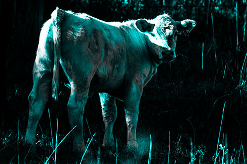 White Cow Calf Looking Backwards (Cyan Tone Photo)