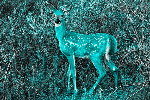 White Tailed Spotted Deer Stands Among Vegetation (Cyan Tone Photo)