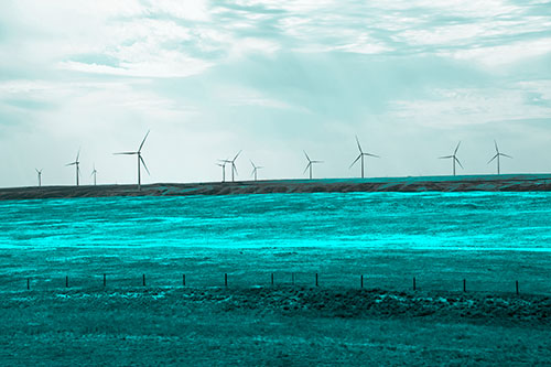 Wind Turbines Scattered Along Prairie Horizon (Cyan Tone)