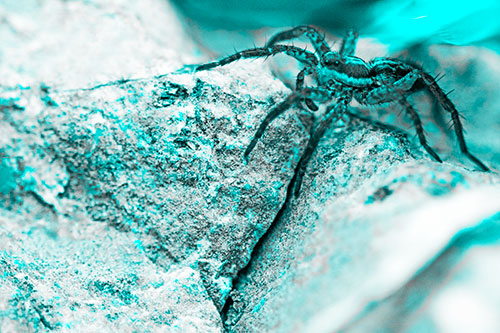 Wolf Spider Crawling Over Cracked Rock Crevice (Cyan Tone Photo)