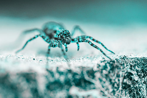Wolf Spider Standing Along Rock Edge (Cyan Tone)
